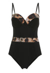 black one piece swimsuit with mix animal print trim