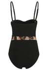 black one piece swimsuit with mix animal print trim