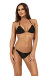black string bikini with black and gold accessories